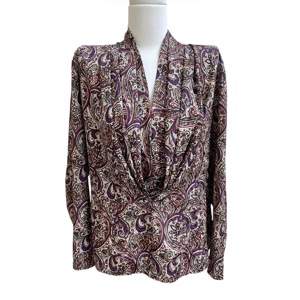 Sonya Ratay San Andre Vtg Long Slv Blouse 12 Pleat Gather Front Paisley Satin